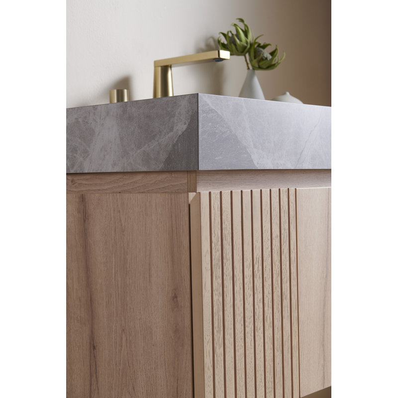 Luxstone Modern Luxury Vanity with Sintered Stone Countertop and Ceramic Basin, White Oak