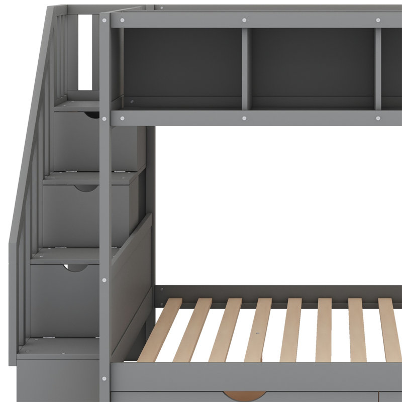 Lit superposé avec tablettes, escalier de rangement et 2 tiroirs, Gris
