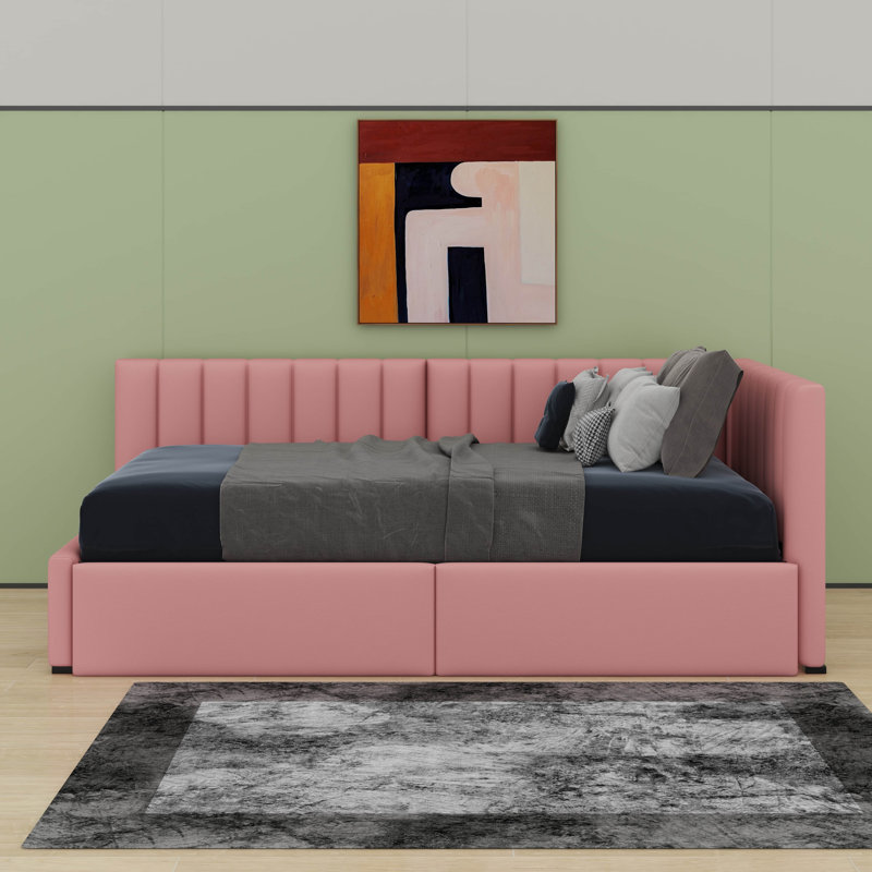 Twin Size Upholstered Daybed With 2 Drawers, Pink