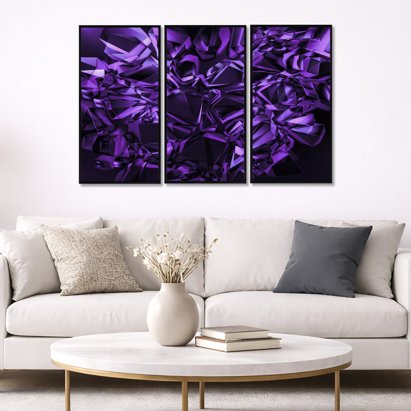 «Purple Crystal Texture Design», ensemble de 3 toiles abstraites encadrées, Cadre noir, H 28 po x l 36 po