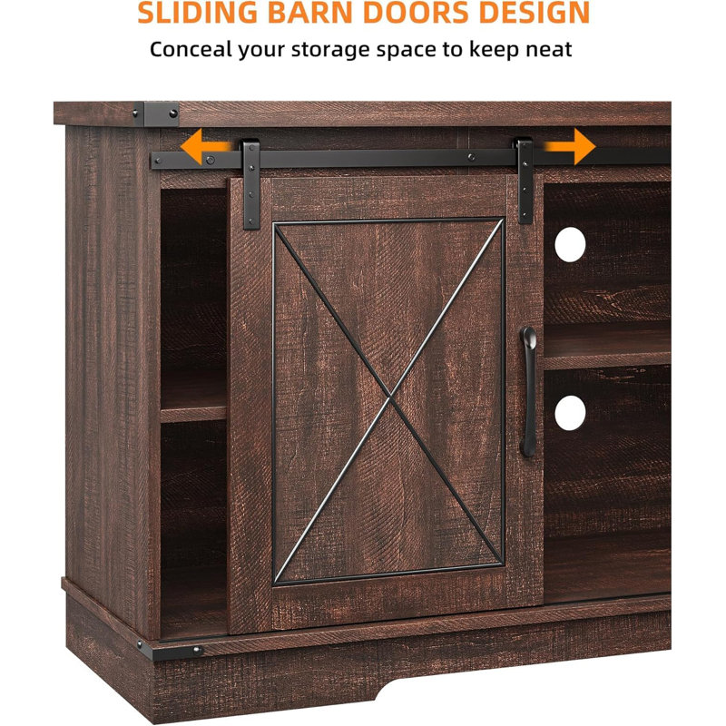 Brown Farmhouse TV Stand with Sliding Barn Doors and Adjustable Shelves