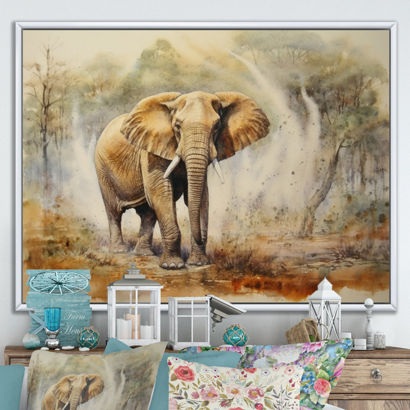 Sacré éléphant bouddhisme sur toile, Cadre flottant blanc, H 30 po x l 40 po x P 1,5 po