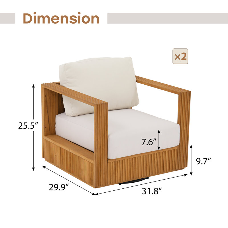 Fauteuil pivotant d'extérieur en bois de teck 2 pièces avec coussins, Oui