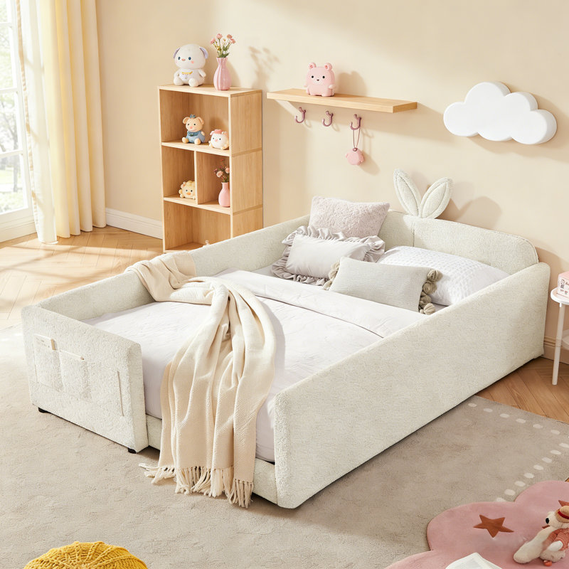 Upholstered Kids Bed Frame with Safety Rails and Storage, Boucle Platform Bed with Headboard and Guardrails, Beige, Full