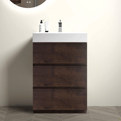 Meuble-lavabo autoportant de 24 po en noyer avec lavabo, grand meuble-lavabo autoportant pour salle de bain moderne, lavabo une pièce blanc sans drain ni robinet, pré-assemblé