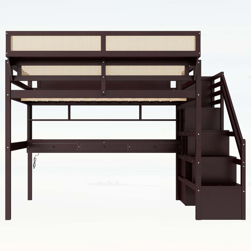 Lit mezzanine double avec bureau, garde-robe et station de charge, avec lumières à DEL intelligentes et escaliers de rangement, idéal pour les chambres à coucher modernes