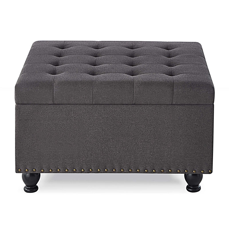 Grand repose-pieds de rangement carré avec pieds en bois, table basse capitonnée avec garniture cloutée pour plus d'espace de vie