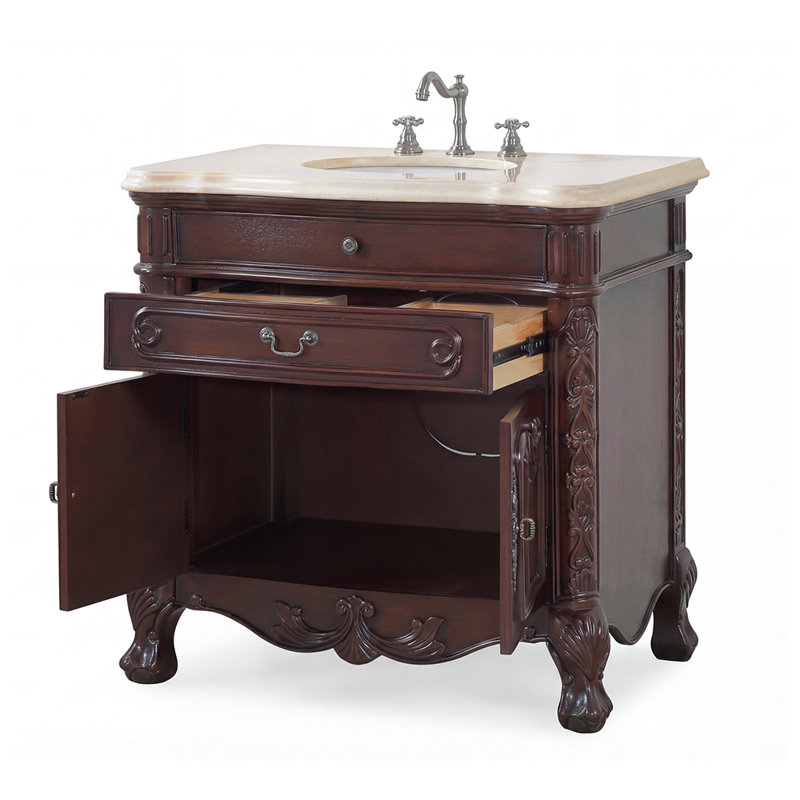 Meuble-lavabo de salle de bain 36 po en bois d'acajou de style classique Madison, Marbre de couleur crème