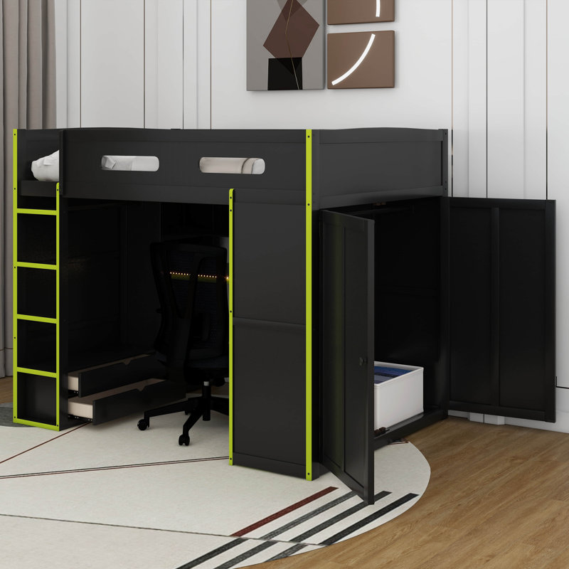 Full Size Wood Loft Bed With Desk,Wardrobe And RGB LED Light, Green