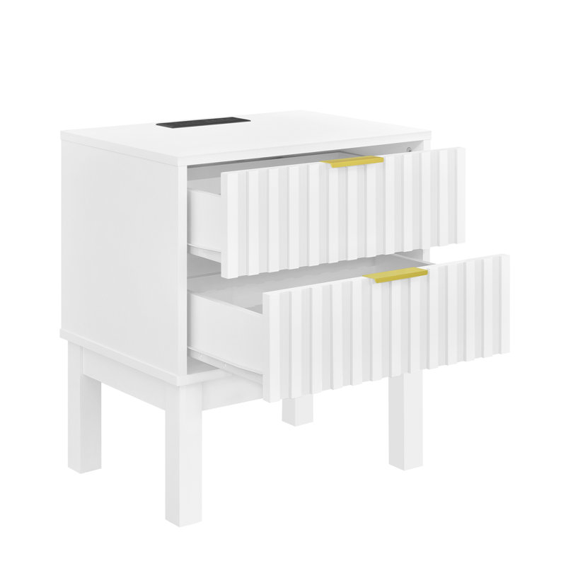 2 Drawers Nightstand With Charging Station，metal Handle，modern Night Stand For Bedroom，living Room, White, Individual
