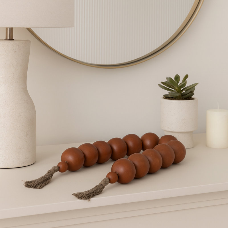 Decorative Ecomix and Leather Bead Strand with Tassel Accents and Textured Round Design for Stylish Home Accents and Modern Boho-Inspired Decor - Light Brown
