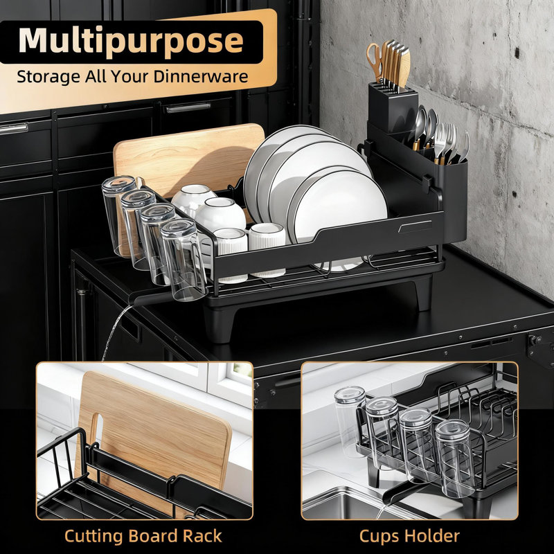 Égouttoir à vaisselle de cuisine avec égouttoir, égouttoir à vaisselle multifonctionnel avec porte-gobelet, rangement pour planche à découper et range-couverts