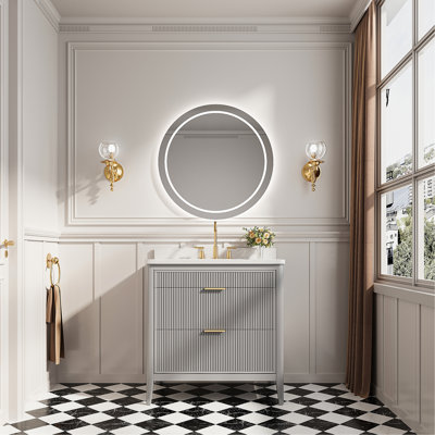 Ensemble de meuble-lavabo sur pied entièrement assemblé avec 2 ensembles de poignées et plateau en marbre d'ingénierie entièrement assemblé