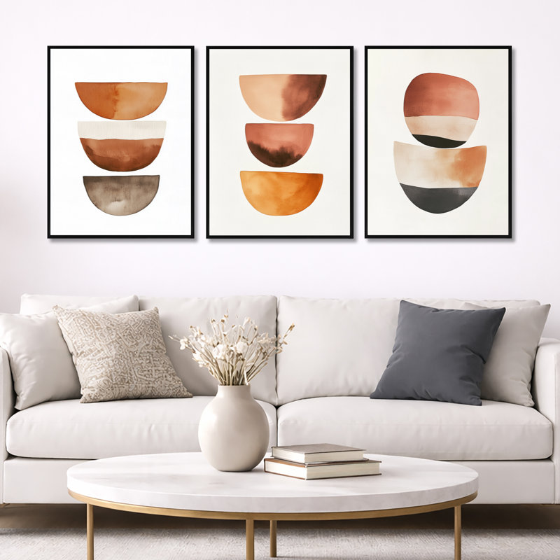 «Earthtone Balance Forms - Orange Minimalisme», ensemble d'art mural sur 3, 32" H x 72" W, Black Floater Framed