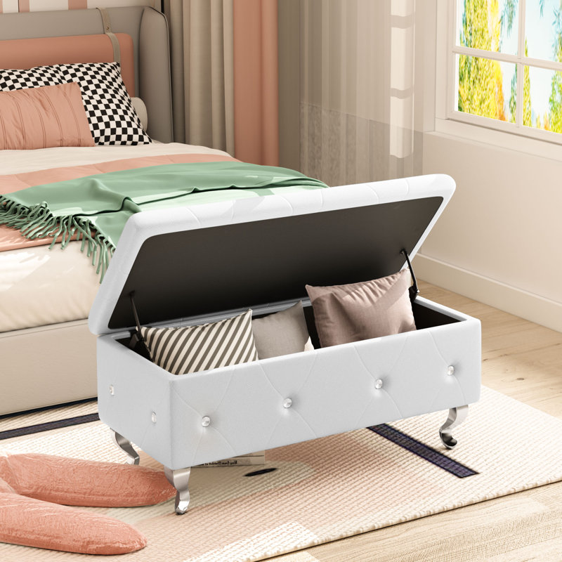 Repose-pieds de rangement rectangulaire en similicuir de 37,4 po Voxto, Similicuir blanc