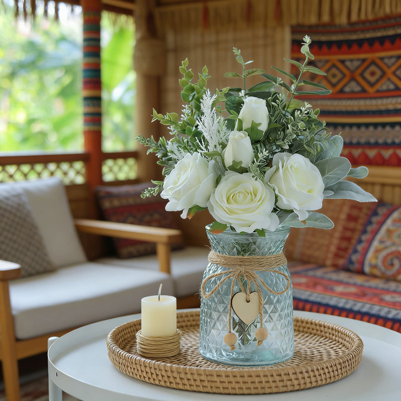 Bouquet de roses et d'eucalyptus artificiels en soie, arrangement floral de style campagnard avec vase en verre pour décoration de table de bureau à domicile