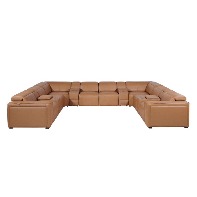 Top Grain Italian Leather 12-Piece U-Shaped Modular Power Reclining Sectional With 4 Power Recliners & Power Headrests