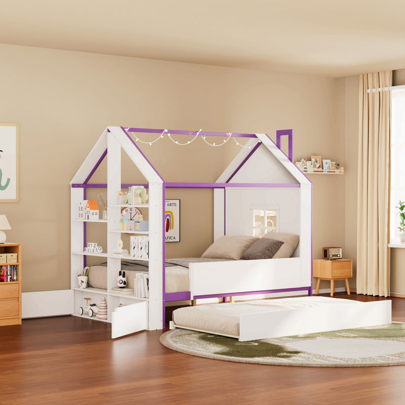 Cadre de lit cabane double avec lit gigogne, étagères de rangement à l'arrière et éclairage DEL, Mauve, Double