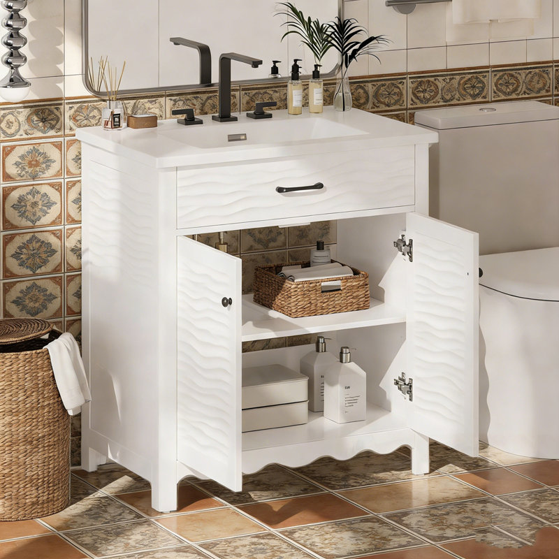 Bathroom Vanity with Sink, Wood legs and Soft close Doors, White
