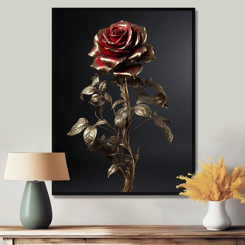 Red Rose Golden Leaves - Rose Wall Art, Toile avec cadre flottant noir, H 40 po x l 30 po x P 1,5 po