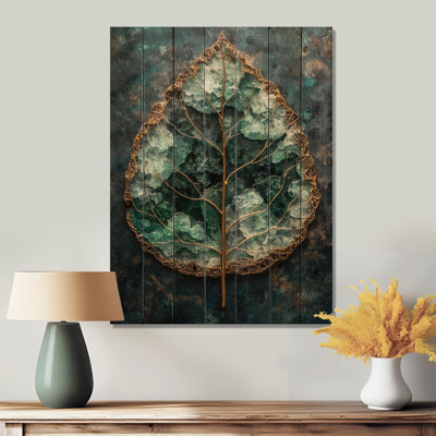 Feuilles d'émeraude modernes, énergie de la forêt II - feuilles, art mural en bois - sur bois de pin naturel