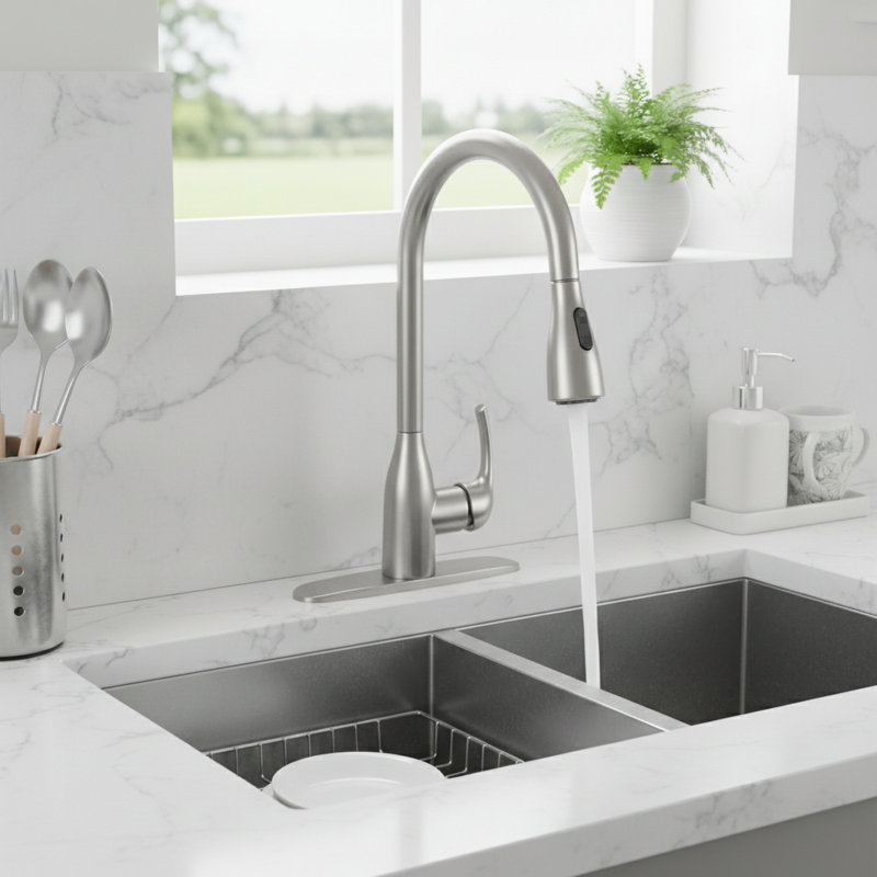 Modern High Arc Single Handle Pull-Down Kitchen Faucet with Deck Plate (Set of 2), Brushed Nickel