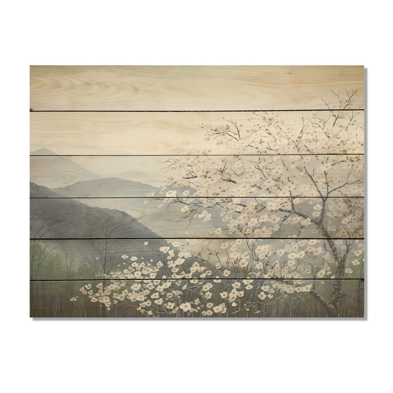 Japon, cornouiller, fleurs, colline, fleurs, art mural sur bois de pin naturel, H 24 po x l 32 po
