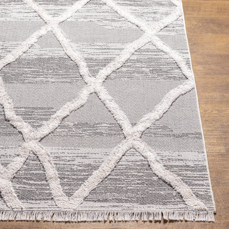 Himzo Geometric Machine Woven Cotton Area Rug in Gray, Rectangle 7'7" x 10'