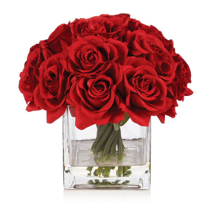 Silk Rose Arrangement in Vase, Red