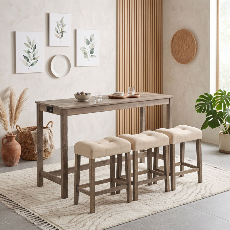 Ensemble de table de bar 4 pièces avec prise électrique intégrée et tabourets rembourrés, table de bar compacte pour cuisine et salle à manger