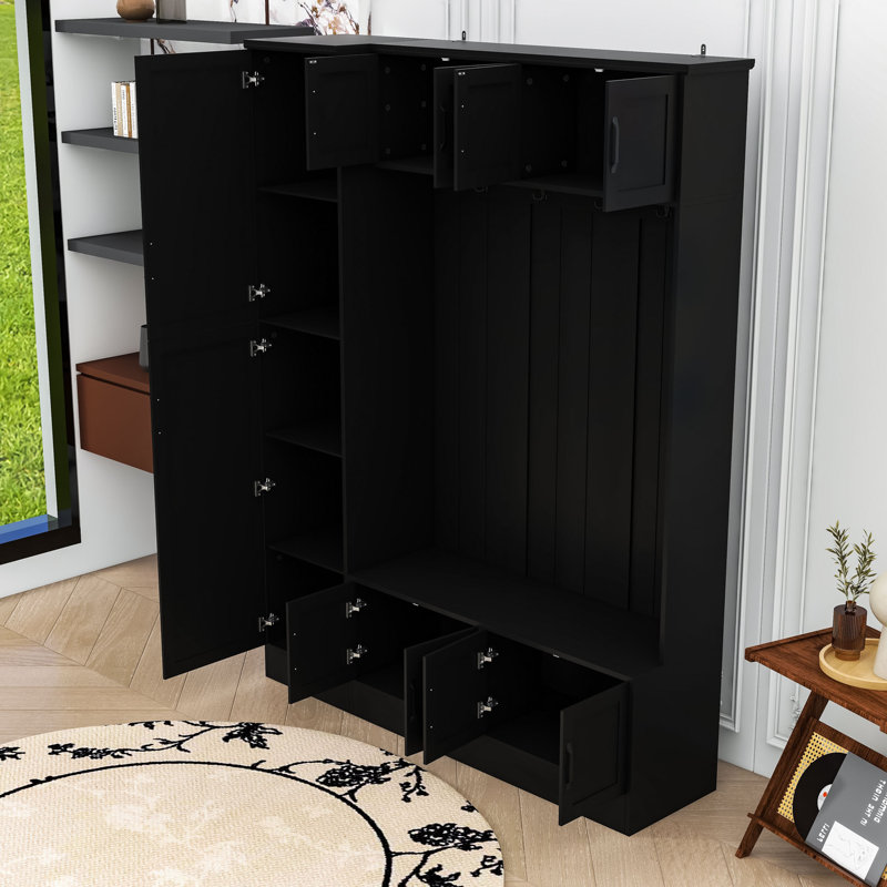 Hall Tree with 6 Cabinets, Adjustable Shelf and  Coat Hooks, Black