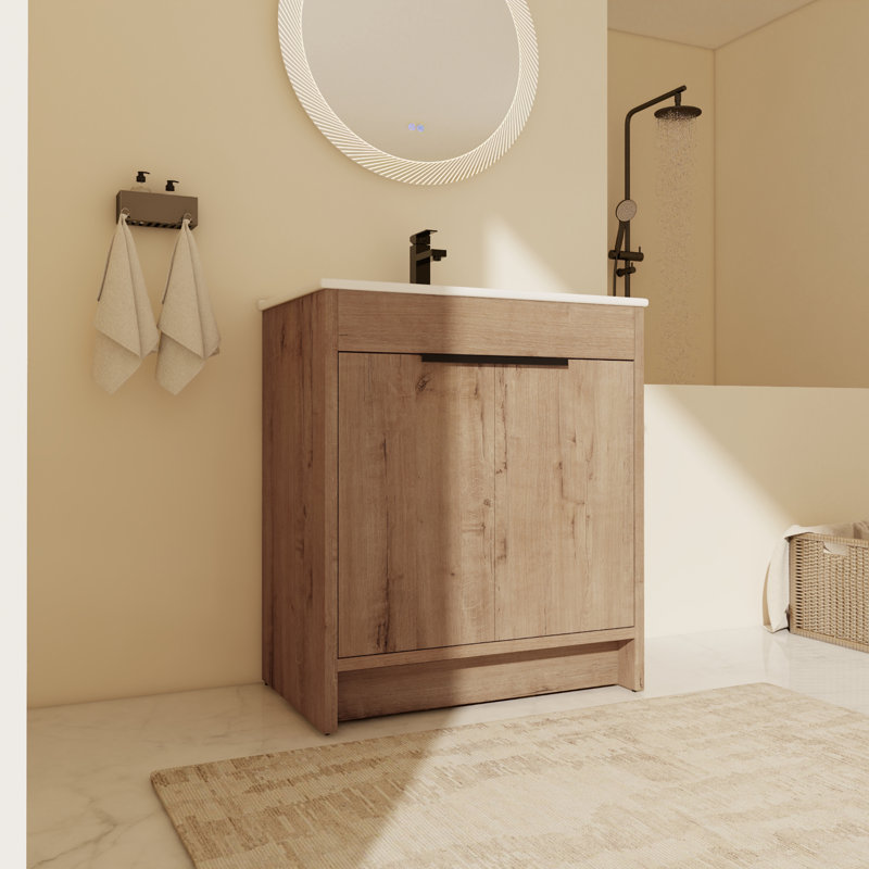 Meuble-lavabo autoportant simple 30,03 po avec plateau en céramique Avikrit, Imitation chêne