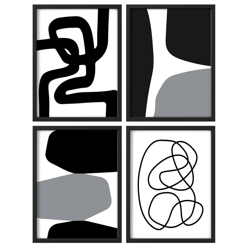 "Décoration murale abstraite moderne noir et blanc Boho", 4 pièces, H 10 po x l 8 po, Noir