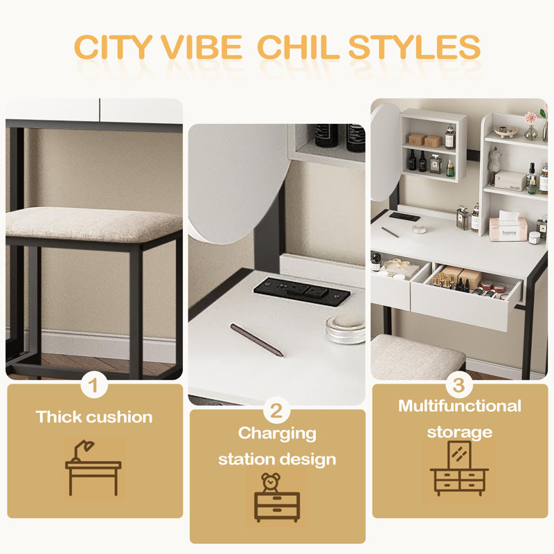Small Vanity Desk With Mirror And Lights, Makeup Vanity Table With LED Mirror, 3 Lighting Modes, Power Outlet, White/Black