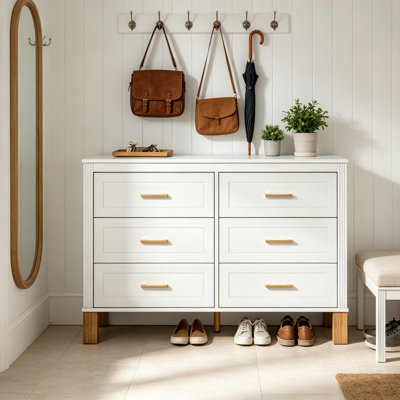 White 6‑Drawer Double Dresser, Modern Wooden Storage Cabinet with Metal Handles and Solid Wood Legs, Heavy‑Duty Drawer Organizer for Bedroom