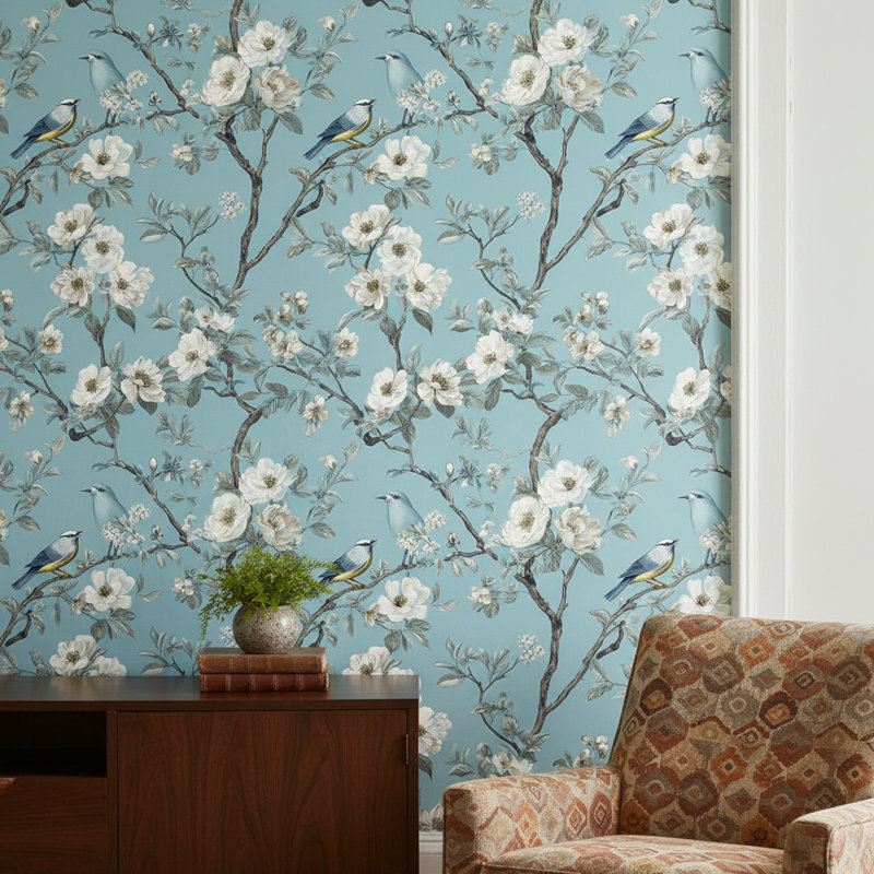 Papier peint floral oiseaux rétro