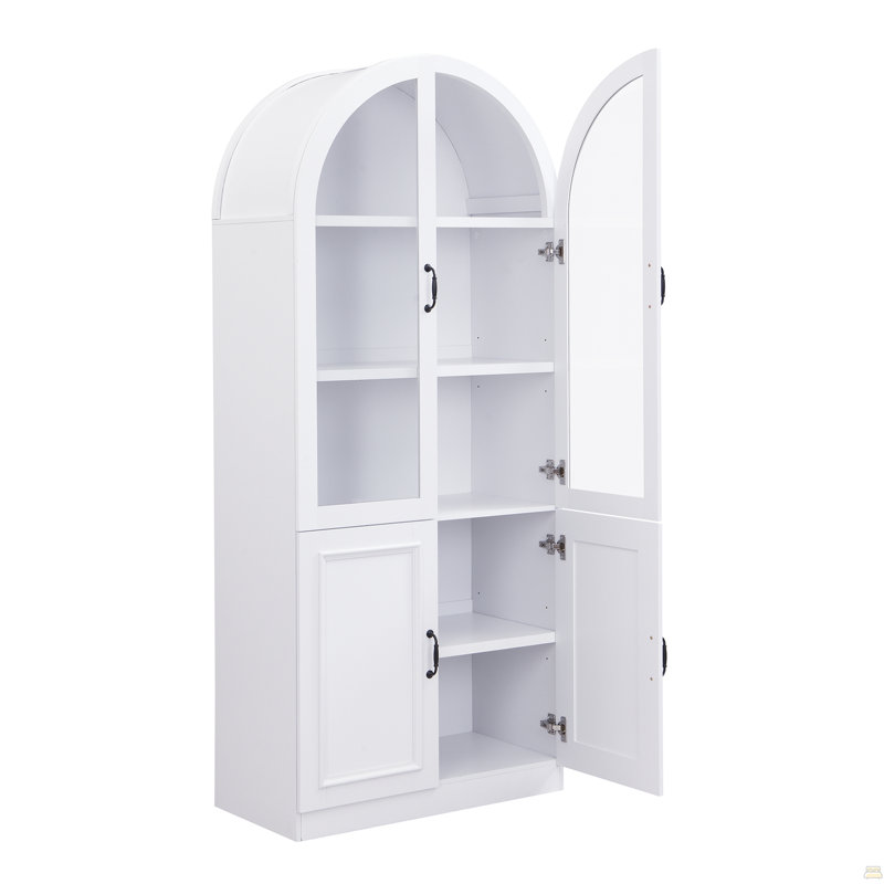 Arched-Top Tall Storage Cabinet, Freestanding Display Cabinet with Tempered Glass Doors, Soft-Close Hinges, Adjustable Shelves, White