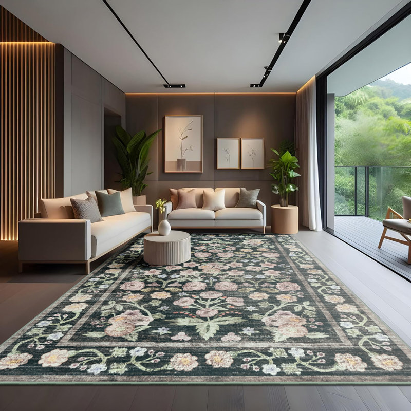 Large Oriental Floral Living Room Rug Washable Bedroom Rug Non-Slip Colorful Vintage Accent Floor Carpet For Home Decor