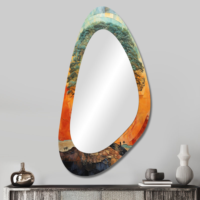 Désert arbre africain survivant 2 - arbre Arican, décoration murale asymétrique unique, grand miroir de forme irrégulière orange, impression sur métal