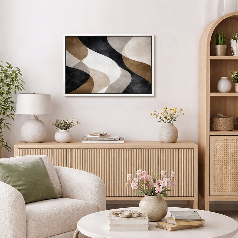 Abstrait neutre, beige beige, composition de vagues, art contemporain, impression sur toile encadrée, Cadre blanc