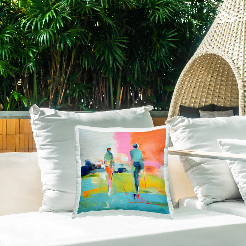 Coussin décoratif d'extérieur moderne imprimé avec scène de golfeur par Irena Orlov
