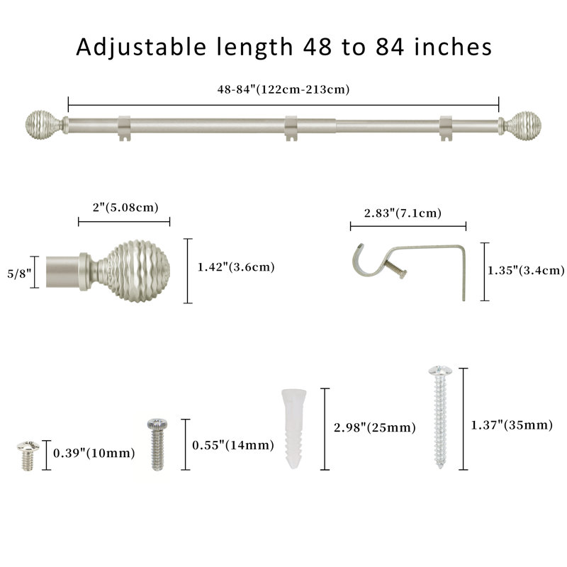 Tringle à rideaux simple 5/8 po avec faiteaux Boule, 48” – 84”, Argent