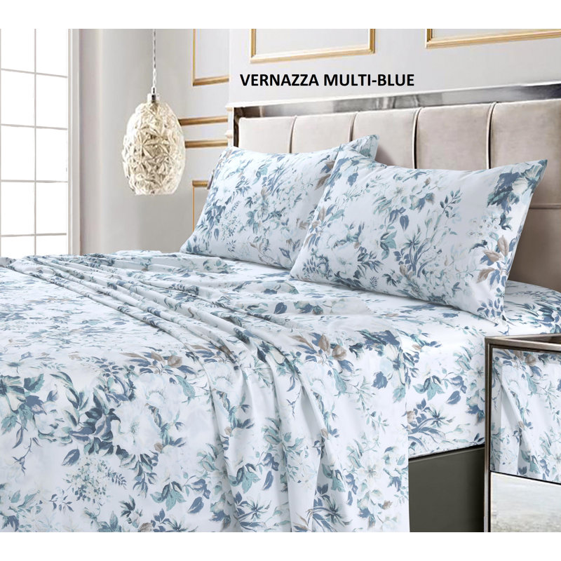 Tribeca Living Printed 300 Thread Count Sheets 100% Cotton Floral Sheet Set, Blue