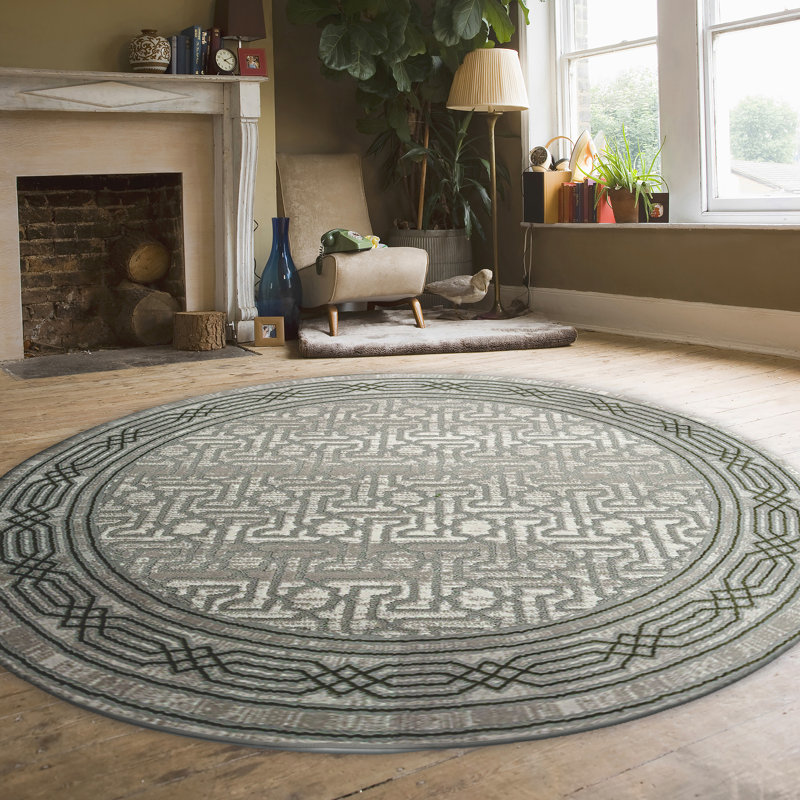 Davide Transitional Bordered Green Area Rug, Round 5'