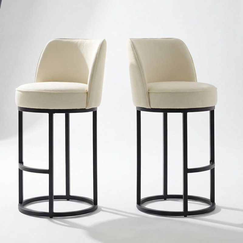Ensemble de 2 tabourets de baril de comptoir modernes avec dossier, tabourets de bar en lin revêtus de lin, sièges d'appoint confortables pour tables à hauteur de comptoir et barres de petit-déjeuner
