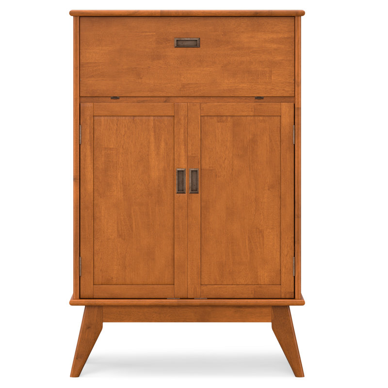 Draper 32"W Solid Hardood Mid Century Bar Cabinet with Bottle Storage, Stemware Rack and Metal Base