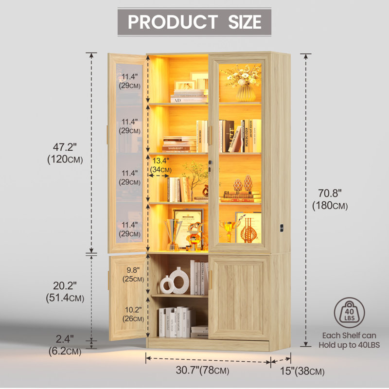 71'' H Freestanding Office Cabinet With 3-Color Light Modes And Motion Sensor, Glass Display Cabinet With Adjustable Shelves And Lock