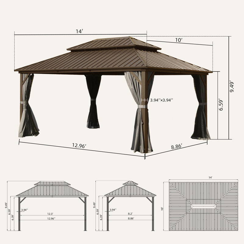 Galvanized Steel Patio Gazebo with Overhang Slope-design Double Roof, 14 ft x 10 ft, Brown