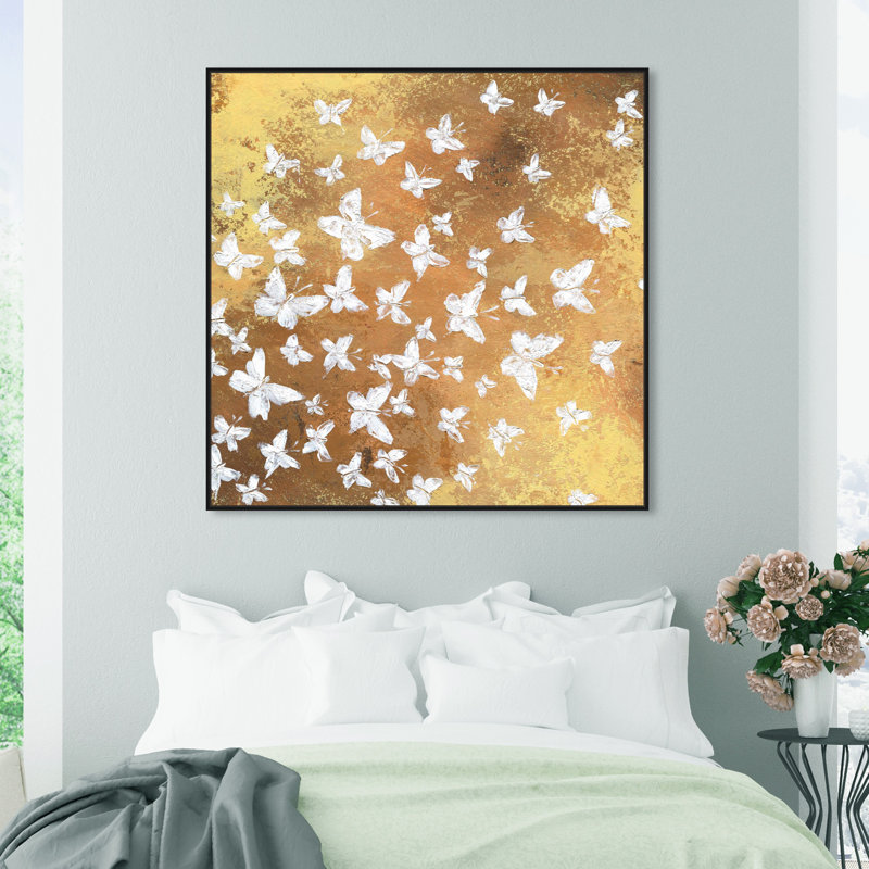 Animaux, papillons dorés dans le vent, insectes - peinture sur toile, H 40,5 po x l 40,5 po, Cadre noir