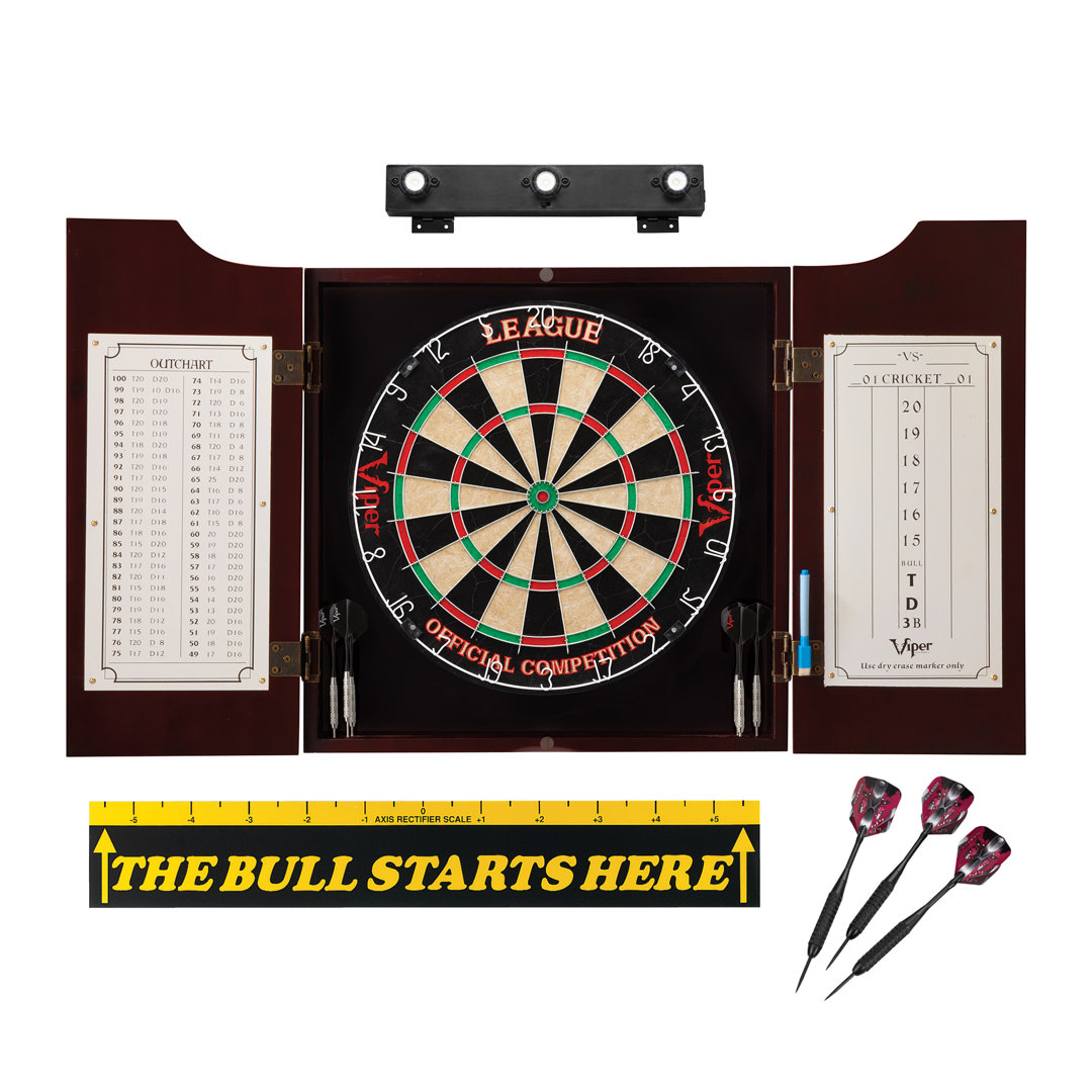 League Sisal Bristle Dartboard and Cabinet Set with Darts Viper